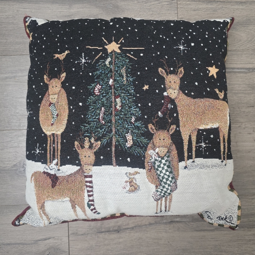 Christmas VTG Valorie Evers Wenk Reindeer Starry Night Tapestry Accent Pillow